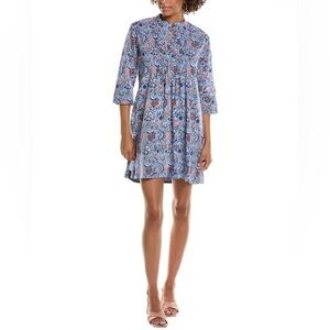 Pomegranate Pintuck Cotton Shift Dress | Taj Floral Blue | Size L